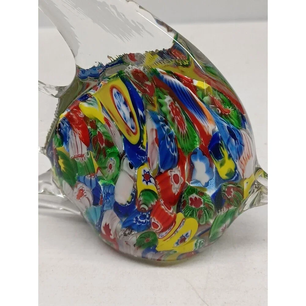 Murano Millefiori Style Art Glass Angel Fish Paperweight MultiColor Hand Crafted